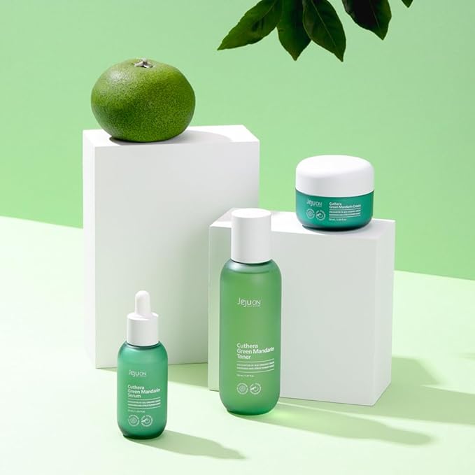 Cuthera Green Mandarin 3-Piece Korean Skincare Set - Essence Toner, Serum, Cream Citrus Scent Jeju Natural Vitamin Rich Hydrating, Pore Tightening, Skin Calming, Oil Water Balance Care