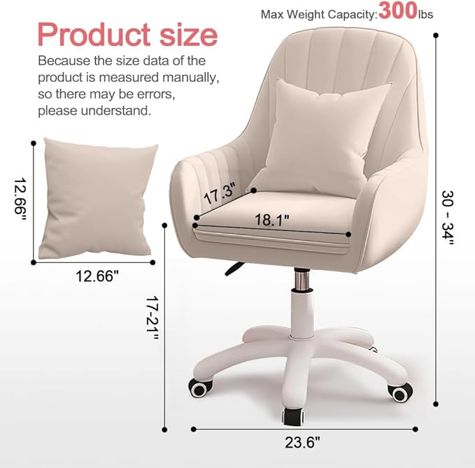 Velvet Desk Chair with Pillow Upholstered Vanity Chair for Girls Women, Home Office Computer Task Chair with Wheels Swivel Rolling Accent Chair for Living Room, Bedroom