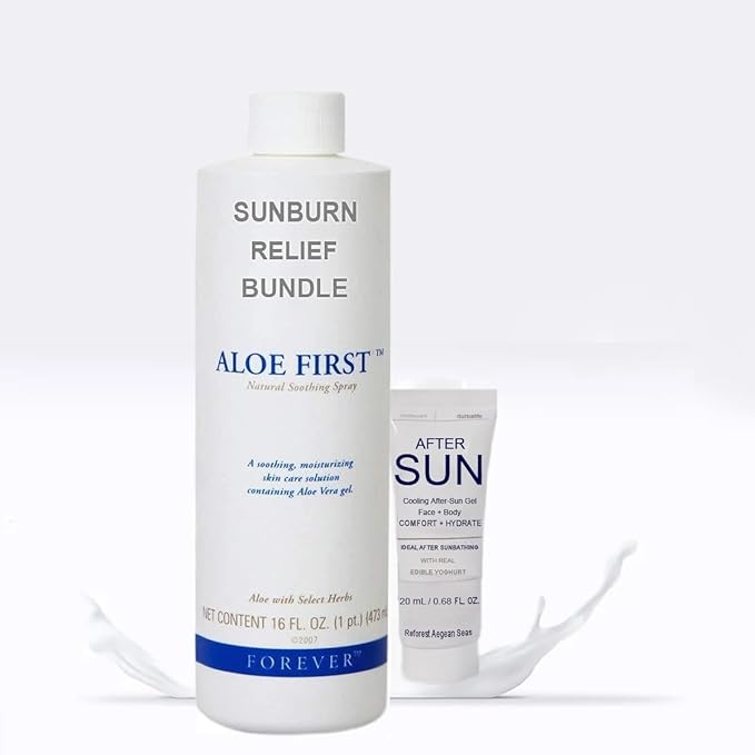 Sunburn Relief Bundle: Aloe First 16.9 fl oz 78,43% Aloe Vera & Bee Propolis + Cooling After Sun Gel w/Real Edible Greek Yogurt 20mL
