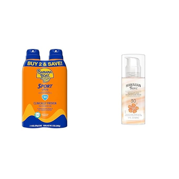 Banana Boat Sport Ultra SPF 30 Sunscreen Spray Twin Pack & Hawaiian Tropic SPF 30 Face Sunscreen Travel Size