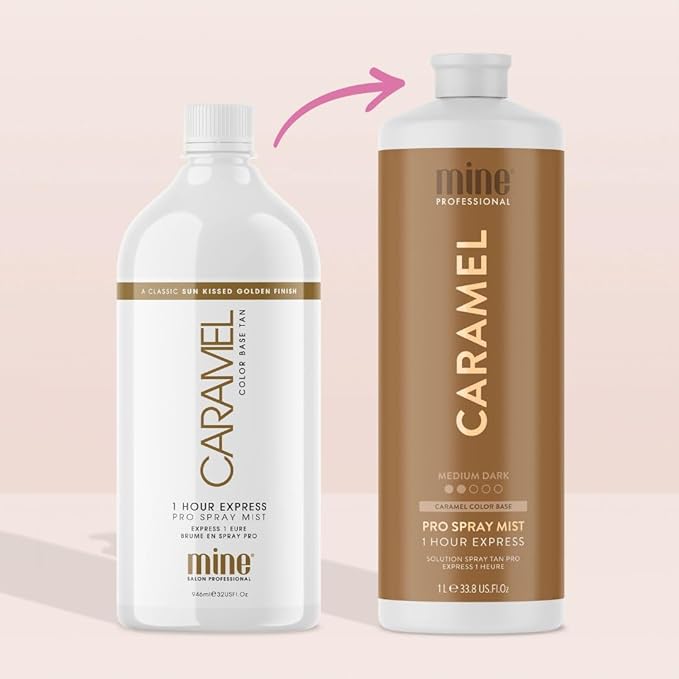 MineTan Spray Tan Solution | Caramel - Fake Tanning Mist Best for Warm Bronzed Glow Skin Finish, Fast Drying, 1 Hour Express, Hydrating, Salon Professional Formula, Vegan, 33.8 Fl Oz