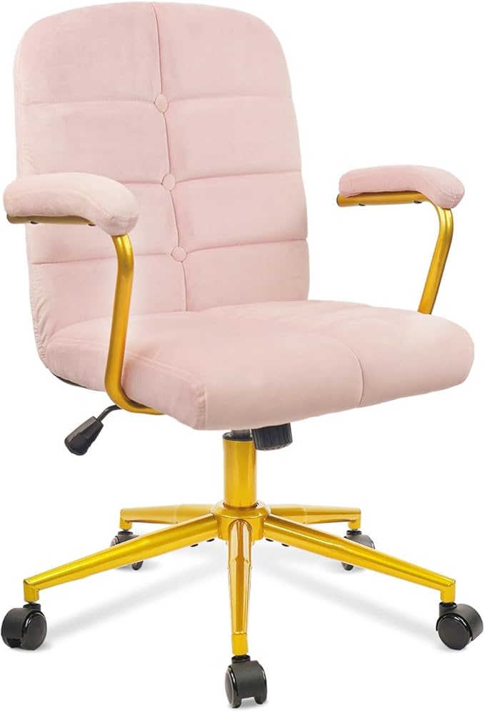 CLATINA Velvet Office Desk Chair with Armrests and Wheels, Modern Upholstered Vanity Chairs with Gold Base, Height Adjustabe Swivel Home Task Chair for Bedroom, Study, Living Room, Work, Pink
