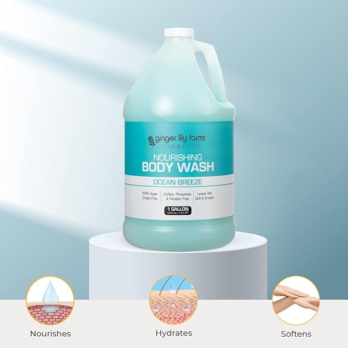Ginger Lily Farms Club & Fitness Nourishing Body Wash, 100% Vegan & Cruelty-Free, Ocean Breeze Scent, 1 Gallon Refill (Pack of 4)