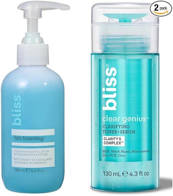 Bliss Fab Foaming Cleanser & Clear Genius Toner + Serum | Pore Purifying Duo for Clear Skin | 2 Step Skincare Routine | Clean, Vegan, Cruelty-Free