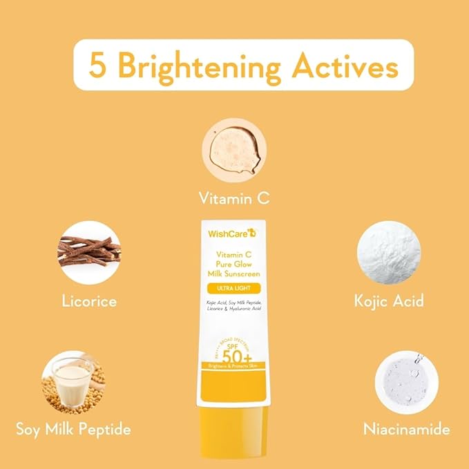 WishCare Vitamin C Sunscreen SPF 50 PA++++ | Pure Glow Milk | Oil Free | No White Cast | 50g