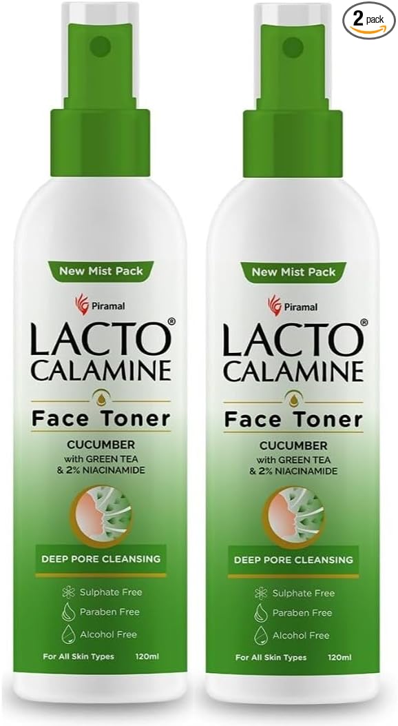 Lacto-Calmine's Face Toner with Cucumber, Green Tea, Niacinamide for Deep Pore Cleansing, Alcohol-Free, 120ml, 2 Pack