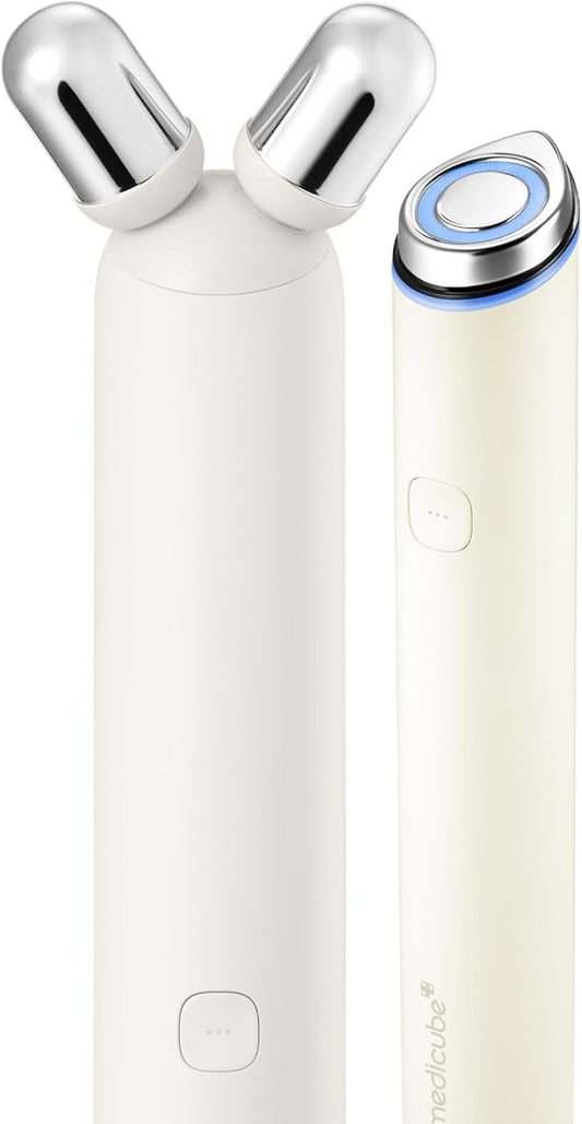 medicube Mini Booster Pro Plus Face Roller Device Set | 2-in-1 Massage & Skincare Device | Jawline Care & Depuffing | Face & Body Massager with 3 Vibration Modes | Korean Facial Device, Beige