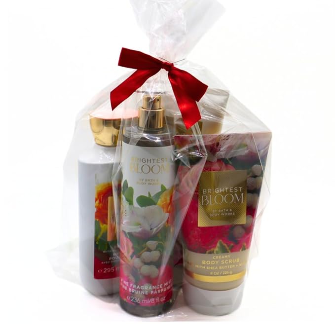 Bath & Body Works BRIGHTEST BLOOM Body Wash, Mist, Body Cream & Body Scrub 4-piece Gift Set with a Red Bow for Holidays – Full Size