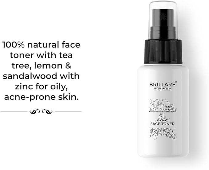 Brillare Oil Away 100% Natural Face Toner with Tea Tree, Lemon and Zinc (50 ML), Zero Chemicals