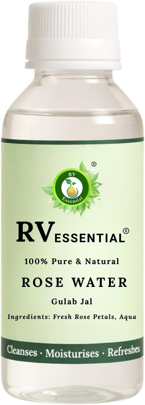 R V Essential Rose Water | Gulab Jal | Rejuvenates Skin | Great Face Cleanser, Hydrating Face Toner, Moisturizing, Room Freshener, Body Spray, Bath, Soap Making | 100% Pure Natural | 100ml | 3.38oz