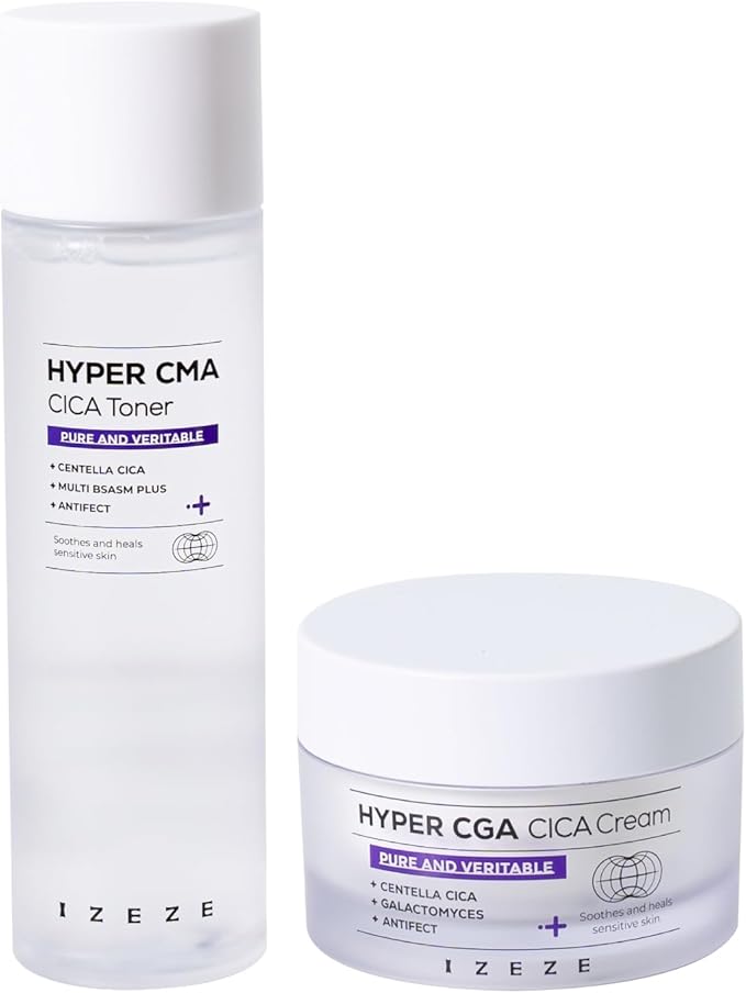 IZEZE Hyper CICA Toner 5.07 fl.oz, 150ml and Hyper CICA Cream 1.69 fl.oz, 50ml Bundle l Low-Irritation Centella CICA Facial Toner, Korean Skin Care for Sensitive Skin, Acne-Prone Skin