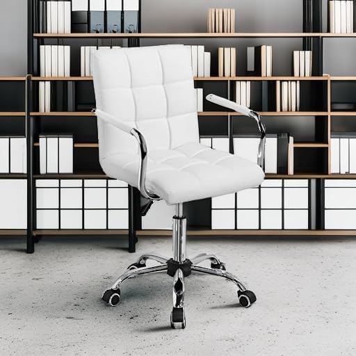 Yaheetech White Office Chair with Wheels and Armrests, Modern PU Leather Desk Chair, Mid-Back Adjustable Executive Chair, 360° Swivel