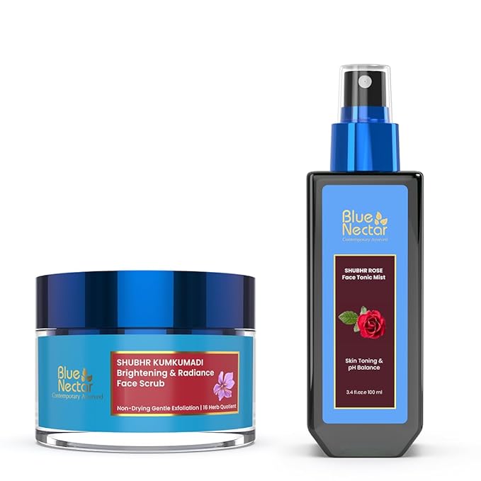 Blue Nectar Kumkumadi Gentle Exfoliating Face Scrub for Tan Removal and Blackheads (1.7 Oz) along with Natural Rose Face Toner for Glowing Skin & Pore Tightening(3.38Fl Oz)