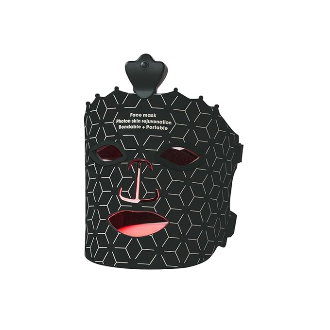 Red Light Face Therapy Mask - Flexible Silicone LED Facial Device for Skin Rejuvenation - Wireless & Rechargeable Home Skincare Tool - Black