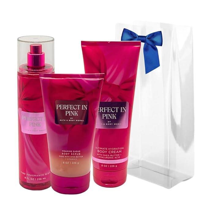Bath & Body Works PERFECT IN PINK Fine Fragrance Mist, Ultimate Hydration Body Cream & Foaming Sugar Body Scrub 3-piece Gift Set with a Blue Bow for Holidays – Full Size