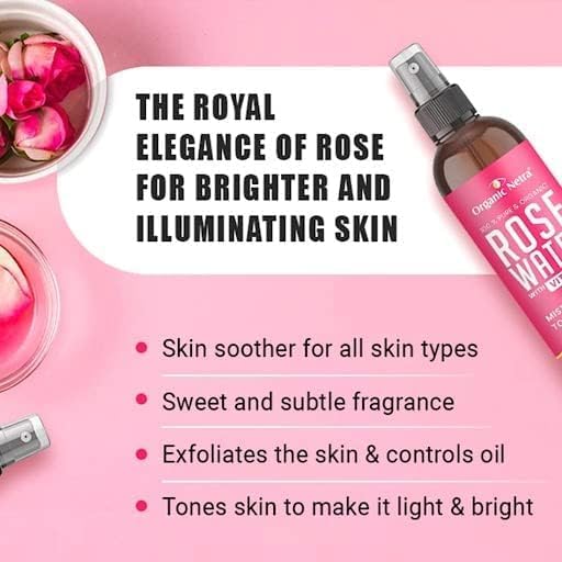 Organic Netra Pure Rose Water Face Toner with Vitamin C,Helps to Hydrate The Skin, Cleanses and tightens The Open pores -Mist Spray for All Skin Type (200 L, Pack of 2)