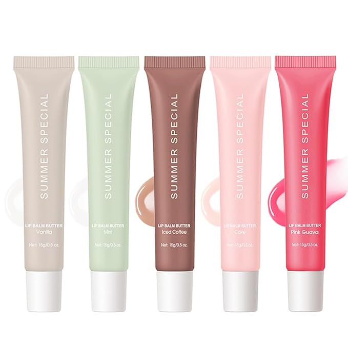 5 PCS Summer Special Lip Butter Hydration Lip Gloss with Shea Butter & Olive Oil Soothes Dry Lips and Lip Care Lip Balm with Natural Tint & Gloss Effect Lip Stain Vanilla/Mint/Iced Coffee/Cake/Guava