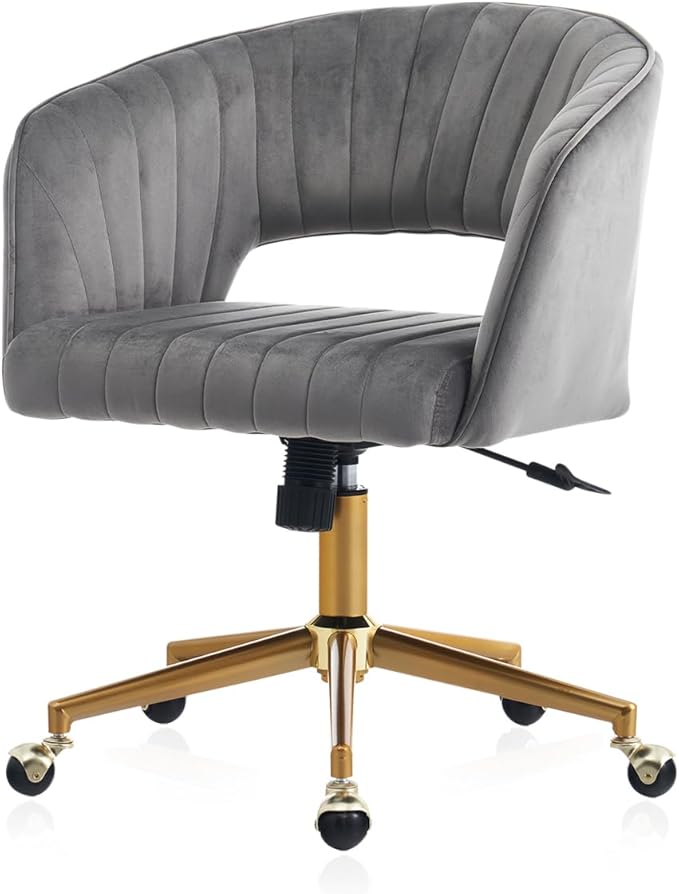 Vanity Chair with Back 360 Swivel Armchair and Gold Base, Criss Cross Chair with Wheels for Vanity Home Office, Living Room, Bedroom and Study (Grey)