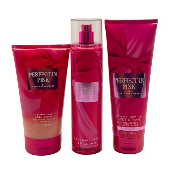 Bath & Body Works PERFECT IN PINK Fine Fragrance Mist, Ultimate Hydration Body Cream & Foaming Sugar Body Scrub 3-piece Gift Set with a Blue Bow for Holidays – Full Size