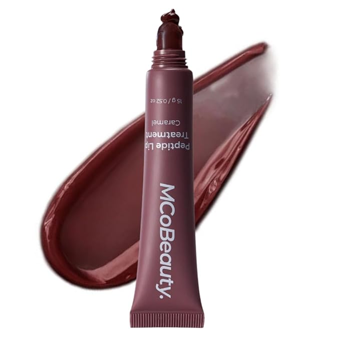 MCoBeauty Peptide Lip Treatment Caramel - Nude Brown Tinted Lip Balm Plumper Gloss for Women - Hydrating Lip Oil with Shea Butter, Peptides for Soft Plump Lips - Vegan Cruelty Free Lip Care