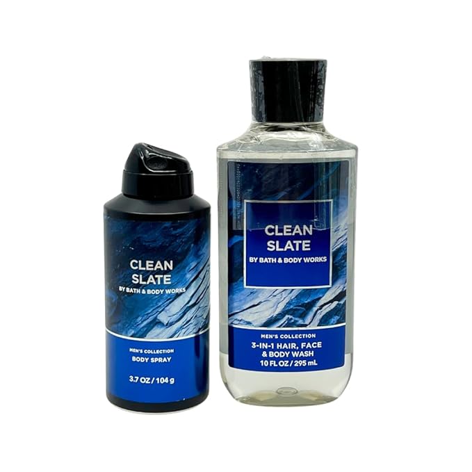 Bath & Body Works CLEAN SLATE 2pc bundle gift set for Men with a Blue Bow for Holidays & Gifts - Body Wash & Body Spray