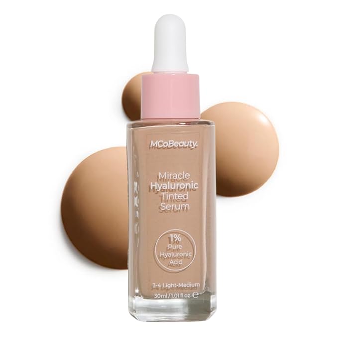 MCoBeauty Miracle Hyaluronic Tinted Serum 3-4 Light Medium - Hydrating Skin Tint Foundation with Hyaluronic Acid Ginseng - Buildable Sheer to Medium Coverage Dewy Finish - Vegan Cruelty Free Makeup