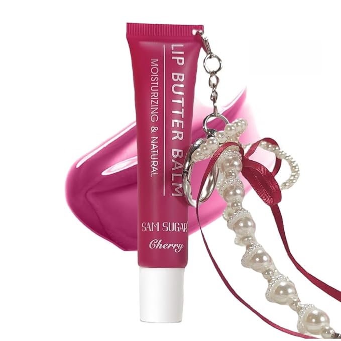 SAM SUGAR Lip Balm with Keychain Hydrating Tinted Lip Gloss, Moisturizing Lip Butter Balm with Natural Shine, Non-Sticky Lip Care for Dry Lips (Berry)