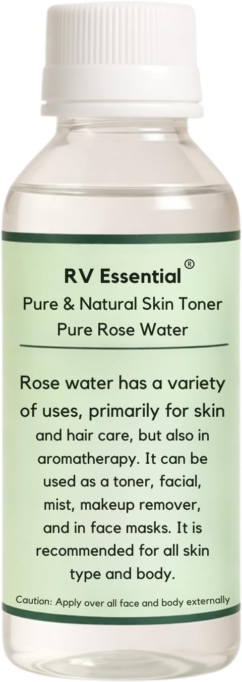 R V Essential Rose Water | Gulab Jal | Rejuvenates Skin | Great Face Cleanser, Hydrating Face Toner, Moisturizing, Room Freshener, Body Spray, Bath, Soap Making | 100% Pure Natural | 100ml | 3.38oz