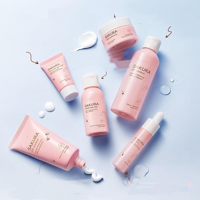 Sakura Skincare Kit Teen Girls Gifts - 6 Pcs Cherry Blossom Skin Care Set Travel Size Toiletries - Moisturize & Repair Skin, 10-12 - Facial Kit with Cleanser, Toner, Lotion, Serum, Cream & Eye Cream