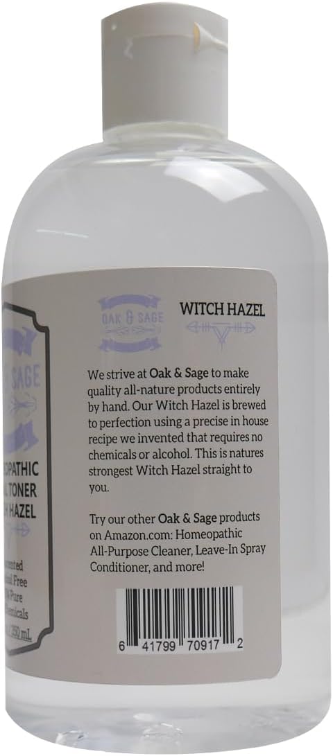 Oak & Sage Homeopathic Facial Toner Witch Hazel Unscented - 12oz Astringent, 100% Pure, No Alcohol, No Additives