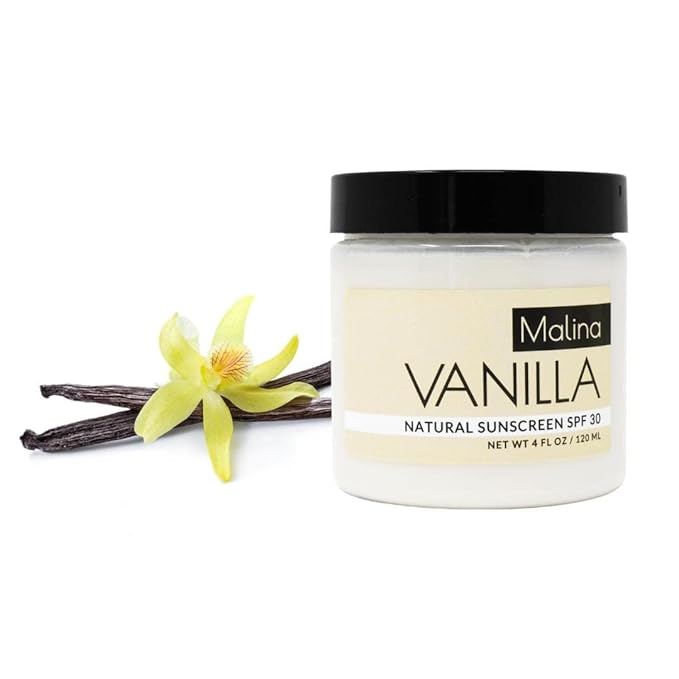 Malina™ Organic Vanilla Natural Sunscreen | SPF 30+ | Nontoxic | Baby-Safe | Reef-Safe | No Preservatives | No Synthetic Fragrance | Made With Pure Essential Oil (4 Fl Oz)
