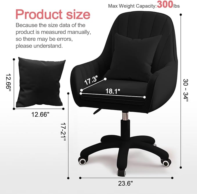 Velvet Desk Chair with Pillow Upholstered Vanity Chair for Girls Women, Home Office Computer Task Chair with Wheels Swivel Rolling Accent Chair for Living Room, Bedroom