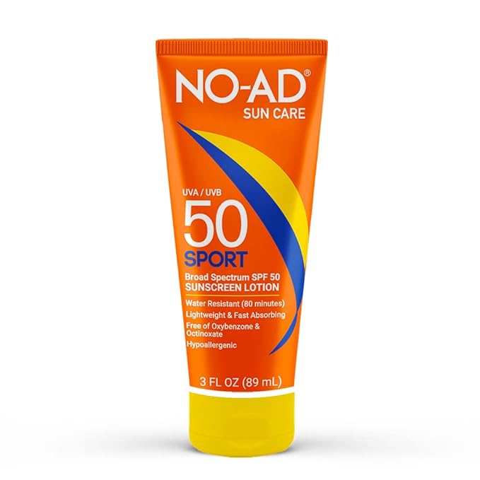 NO-AD SPF 50 SPORT Sunscreen Lotion | Hypoallergenic | Broad Spectrum UVA/UVB Protection | Water Resistant | Octinoxate & Oxybenzone Free with moisturizing Vitamin E and Aloe 3oz | Travel size