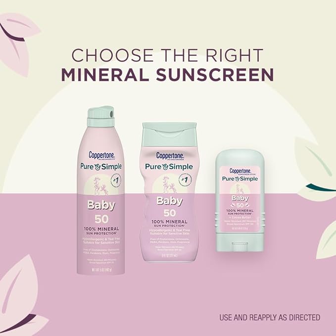 Coppertone Pure and Simple Baby Mineral Sunscreen Spray SPF 50 (5 Oz), Tear Free + Baby Sunscreen Stick SPF 50 (0.49 Oz), Hypoallergenic and Fragrance Free