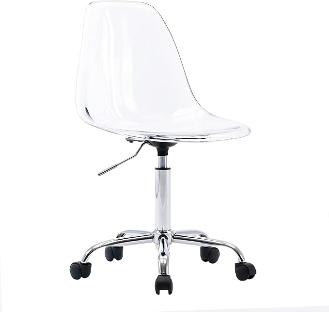 HOMEFUN Clear Desk Chair, Acrylic Rolling Armless Vanity Swivel Height Adjustable Ghost Molded Plastic Home Office Chairs with Wheels, Clear