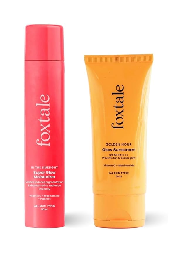 Fo. Xtale glow duo Golden Hour Skincare Set, Super Glow Moisturizer and SPF 50 Glow Sunscreen, Vitamin C and Niacinamide Formula, Non-Sticky, Lightweight, All Skin Types, 50ml Each