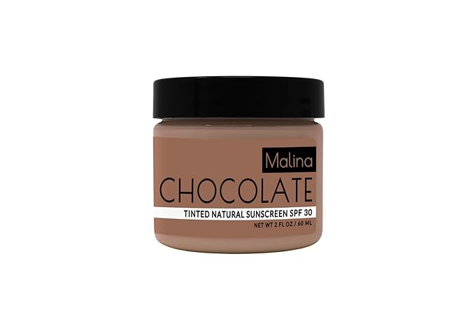Malina™ Organic Chocolate Tinted Natural Sunscreen | SPF 30+ | Nontoxic | Reef-Safe | No Preservatives | No Synthetic Fragrance | 3 Shades | With Non-Nano Zinc-Oxide (2 Fl Oz, Medium)