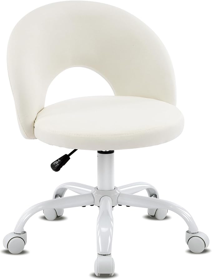 VINGLI Small Vanity Chair with Wheels for Girls.Cute Modern Adjustable Height Armless Office Desk Chair.360°Swivel Comfy Rolling Chair for Study, Make up Room,Small Space,Linen White