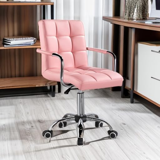 Yaheetech Modern PU Leather Desk Office Chairs with Wheels/Armrests Height Adjustable Home Computer Executive Chair on Wheels 360° Swivel, Pink