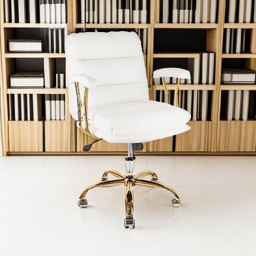 Leather Home Office Desk Chair, Mid-Back Vanity Chair Make Up Chair with Gold Wheels & Removable Armrests, Rolling Swivel Computer Task Chair for Office Bedroom Living Room Girls Women, White
