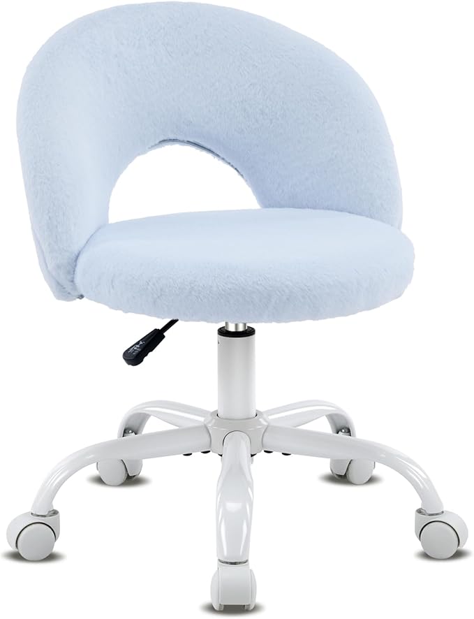 VINGLI Small Vanity Chair with Faux Fur Wheels for Girls,Cute Adjustable Height Armless Office Desk Chair,360°Swivel Comfy Rolling for Study,Make up Room,Small Space,Blue