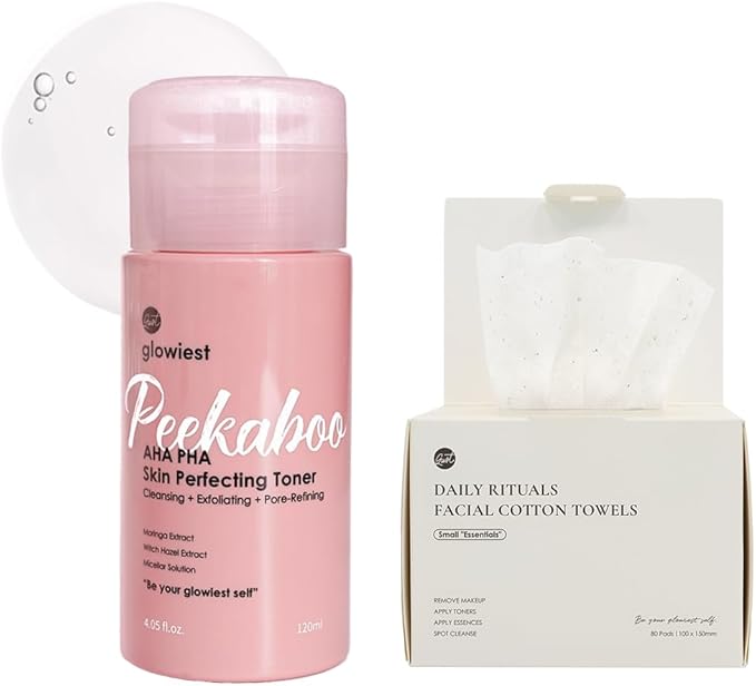 glowiest Peekaboo AHA PHA Toner + Facial Cotton Towels (Small) Bundle | Gentle Exfoliating Toner & Cotton Pad Set