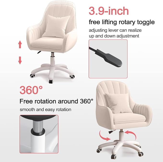 Velvet Desk Chair with Pillow Upholstered Vanity Chair for Girls Women, Home Office Computer Task Chair with Wheels Swivel Rolling Accent Chair for Living Room, Bedroom