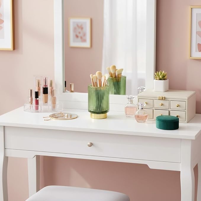 Glass Makeup Brush Holder Organizer, Gold Toothbrush Holders for Bathroom, Green Makeup Brush Holder Cup for Vanity, Desktop Crystal Eyeliners Eyebrow Pencil Storage Cup Holder