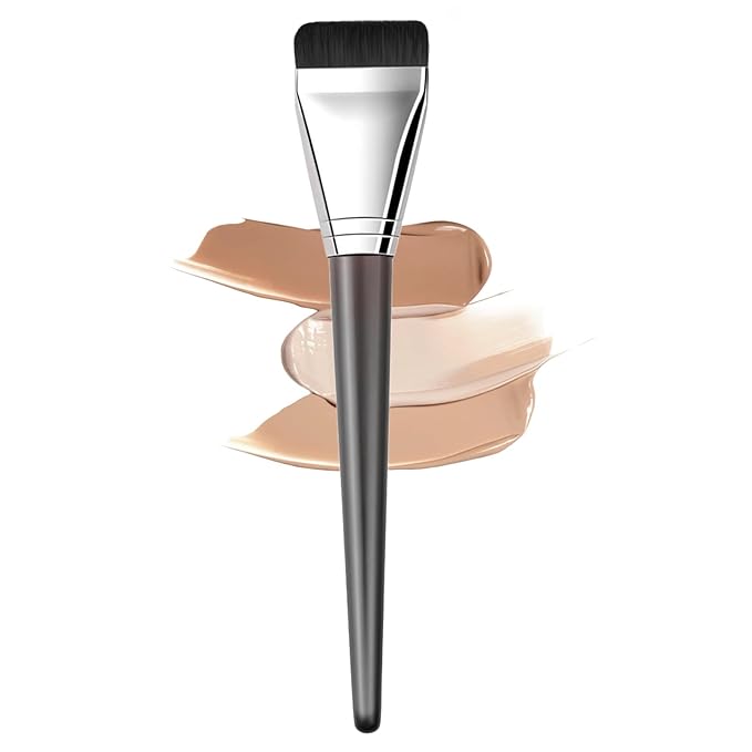 Foundation Brush for Liquid Makeup, Fast Flawless Flat Top Kabuki Makeup Brushes Face Cosmetics Brush Ultra Thin Facial Brush Long Wood Handle Design for Liquid Foundation, Blending Cream,Black