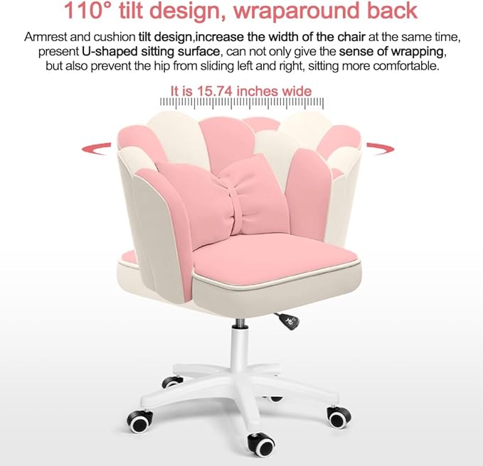 Petal Desk Chair with Bow Cushion Velvet Vanity Chair with Wheels, Upholstered Home Office Chair for Girls Women, Mid-Back Swivel Computer Task Chairs for Living Room Bedroom