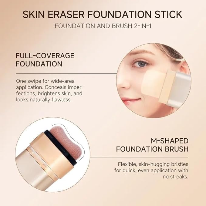Dual-Ended Concealer Foundation Stick, Foundation Stick Korean 3 in 1, ConcealerFoundation Stick with Brush, Double-Ended, Flawless, Long-Lasting StickFoundation (IVORY)