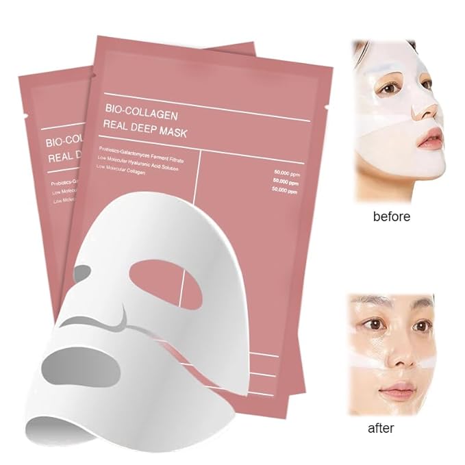 Bio-Collagen Real Deep Face Mask – Korean Hydrating Overnight Hydrogel Mask for Women | Firming, Pore Minimizing & Elasticity Boost | Deep Collagen Facial Sheet for Radiant Glass Skin, 4 Pack