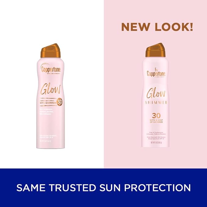 Coppertone Glow Shimmer Sunscreen Spray SPF 30, Water Resistant Broad Spectrum SPF 30 Spray Sunscreen, Free From Parabens, PABA, Phthalates, Octinoxate and Oxybenzone, 5 Oz Bottle, Pack of 2