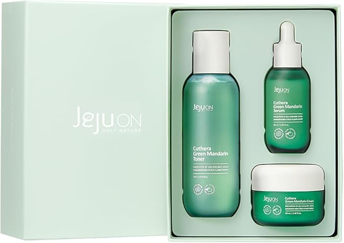 Cuthera Green Mandarin 3-Piece Korean Skincare Set - Essence Toner, Serum, Cream Citrus Scent Jeju Natural Vitamin Rich Hydrating, Pore Tightening, Skin Calming, Oil Water Balance Care